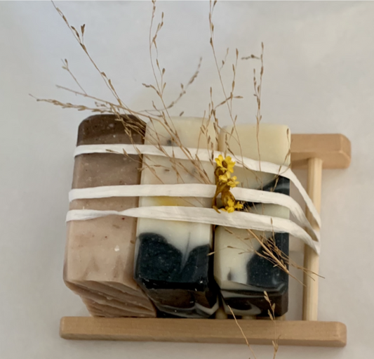 Bundle - three soap mini bars on wooden rack