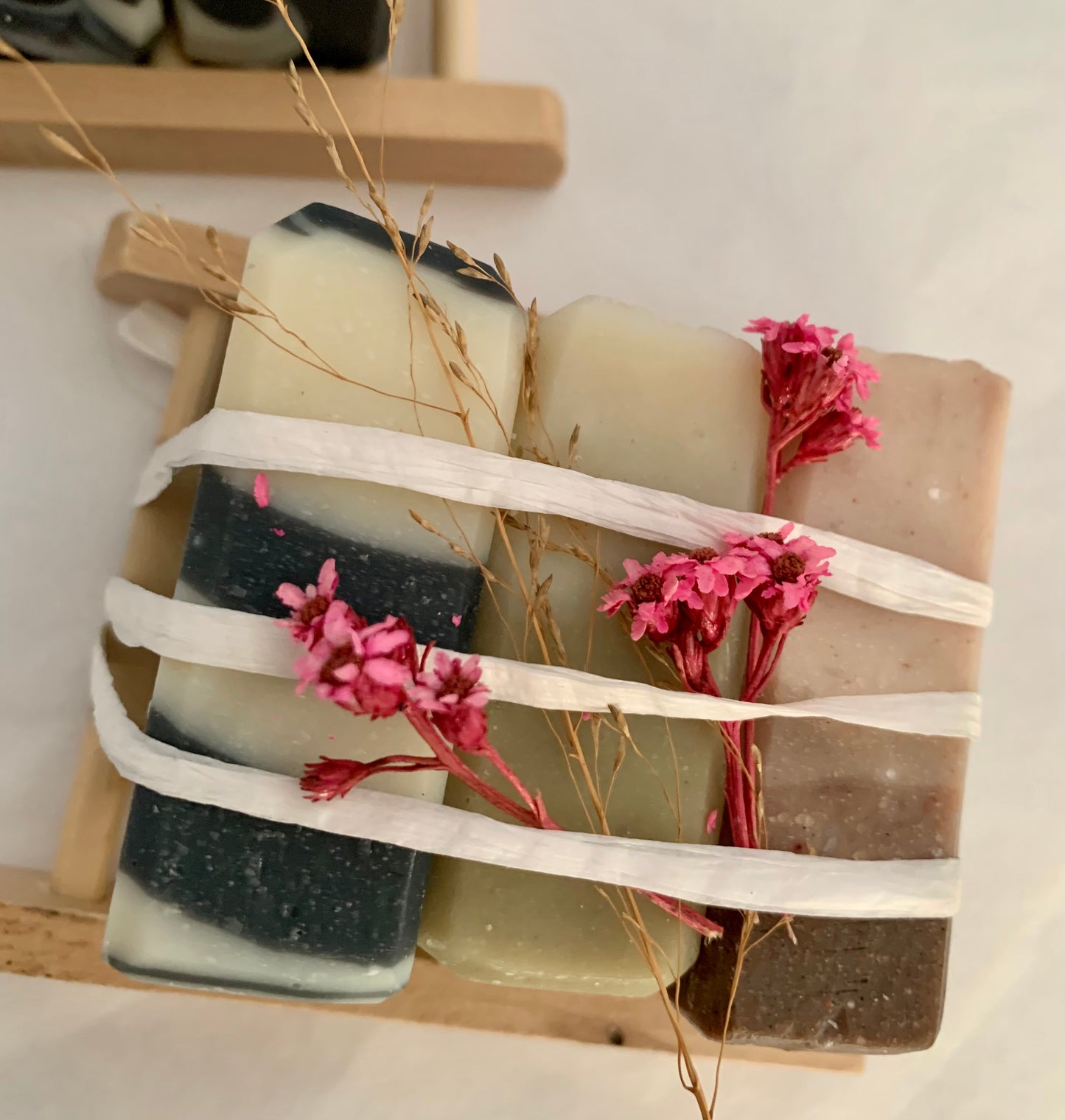 Bundle - three soap mini bars on wooden rack